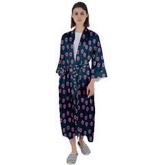 Peach Purple Daisy Flower Teal Maxi Satin Kimono