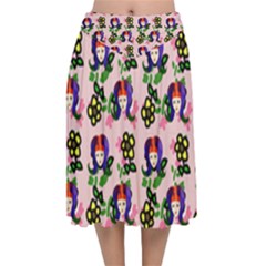 60s Girl Pink Floral Daisy Velvet Flared Midi Skirt by snowwhitegirl