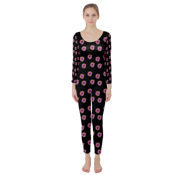 Peach Purple Daisy Flower Black Long Sleeve Catsuit