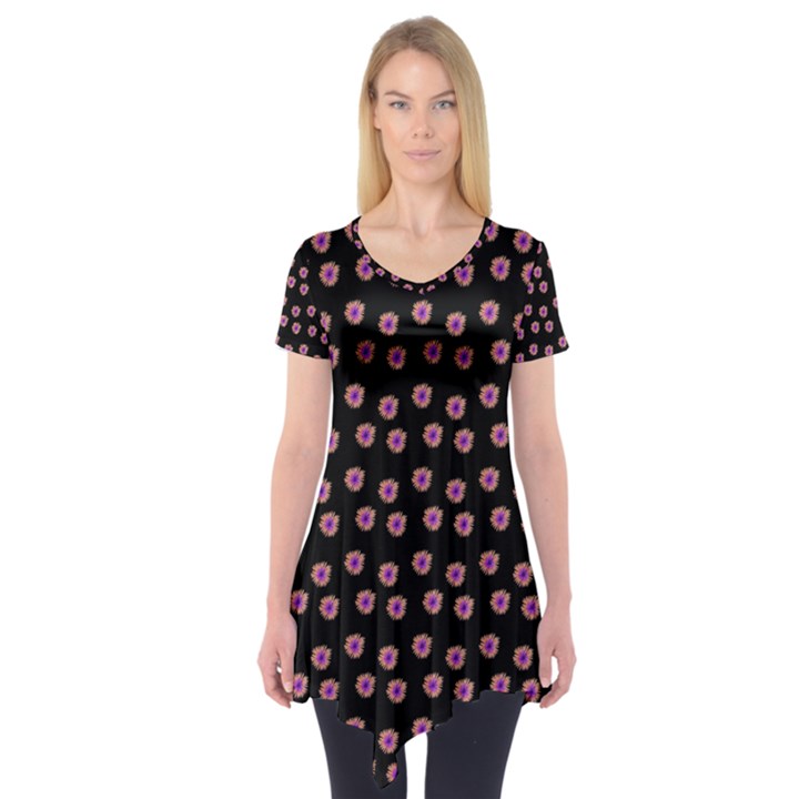 Peach Purple Daisy Flower Black Short Sleeve Tunic 