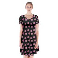 Peach Purple Daisy Flower Black Short Sleeve V-neck Flare Dress by snowwhitegirl