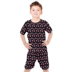 Peach Purple Daisy Flower Black Kids  Tee And Shorts Set by snowwhitegirl