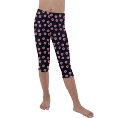 Peach Purple Daisy Flower Black Kids  Lightweight Velour Capri Leggings  by snowwhitegirl