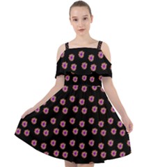 Peach Purple Daisy Flower Black Cut Out Shoulders Chiffon Dress