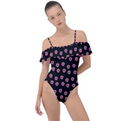 Peach Purple Daisy Flower Black Frill Detail One Piece Swimsuit by snowwhitegirl