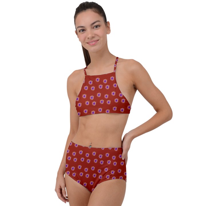 Peach Purple Daisy Flower Red High Waist Tankini Set