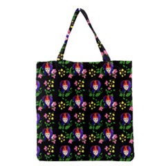 60s Girl Floral Daisy Black Grocery Tote Bag by snowwhitegirl