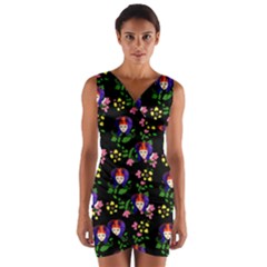 60s Girl Floral Daisy Black Wrap Front Bodycon Dress by snowwhitegirl