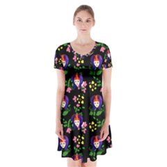 60s Girl Floral Daisy Black Short Sleeve V-neck Flare Dress by snowwhitegirl