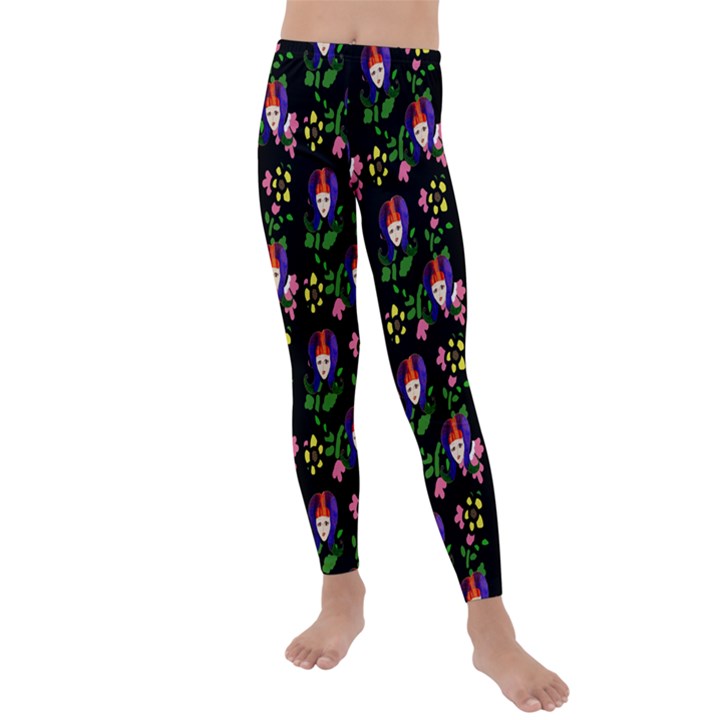 60s Girl Floral Daisy Black Kids  Lightweight Velour Leggings