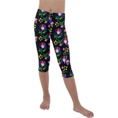 60s Girl Floral Daisy Black Kids  Lightweight Velour Capri Leggings  by snowwhitegirl