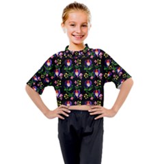 60s Girl Floral Daisy Black Kids Mock Neck Tee