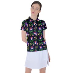 60s Girl Floral Daisy Black Women s Polo Tee