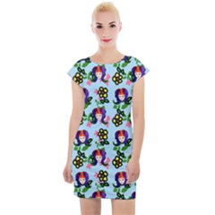 60s Girl Light Blue Floral Daisy Cap Sleeve Bodycon Dress