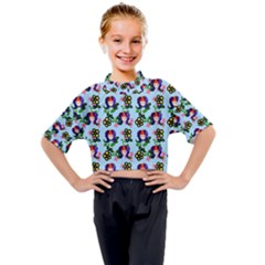 60s Girl Light Blue Floral Daisy Kids Mock Neck Tee