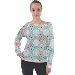 Floral Work Off Shoulder Long Sleeve Velour Top