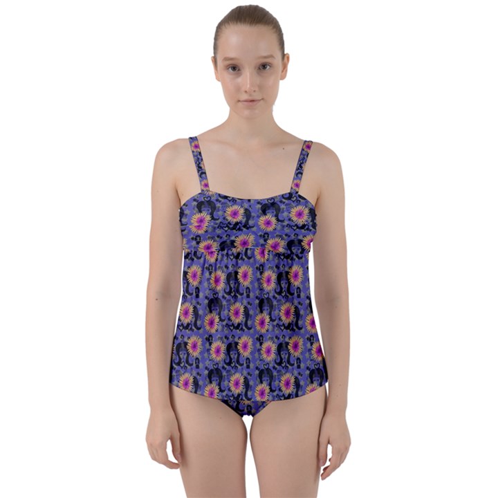 60s Girl Floral Blue Twist Front Tankini Set