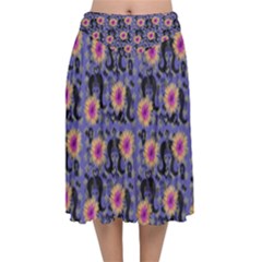 60s Girl Floral Blue Velvet Flared Midi Skirt by snowwhitegirl