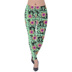 60s Girl Floral Green Velvet Leggings by snowwhitegirl