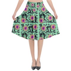 60s Girl Floral Green Flared Midi Skirt by snowwhitegirl