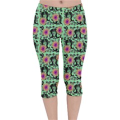 60s Girl Floral Green Velvet Capri Leggings  by snowwhitegirl