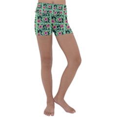 60s Girl Floral Green Kids  Lightweight Velour Yoga Shorts by snowwhitegirl