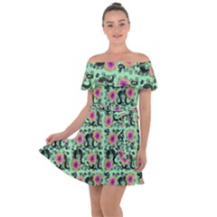 60s Girl Floral Green Off Shoulder Velour Dress by snowwhitegirl