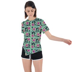 60s Girl Floral Green Asymmetrical Short Sleeve Sports Tee