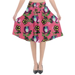 60s Girl Dark Pink Floral Daisy Flared Midi Skirt by snowwhitegirl