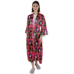 60s Girl Dark Pink Floral Daisy Maxi Satin Kimono