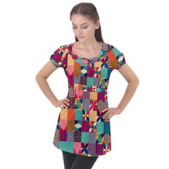 Geometric Mosaic Puff Sleeve Tunic Top by designsbymallika