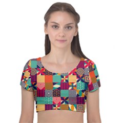 Geometric Mosaic Velvet Short Sleeve Crop Top  by designsbymallika