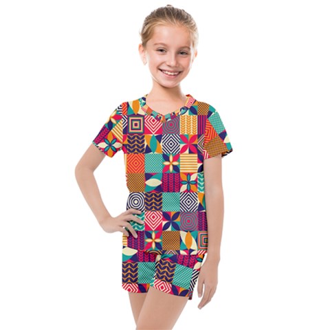 Geometric Mosaic Kids  Mesh Tee And Shorts Set by designsbymallika