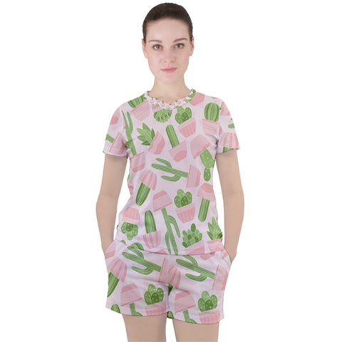 Cactus Pattern Women s Tee And Shorts Set by designsbymallika