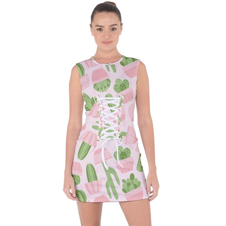 Cactus Pattern Lace Up Front Bodycon Dress