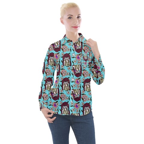 Braids Doll Daisies Blue Women s Long Sleeve Pocket Shirt by snowwhitegirl