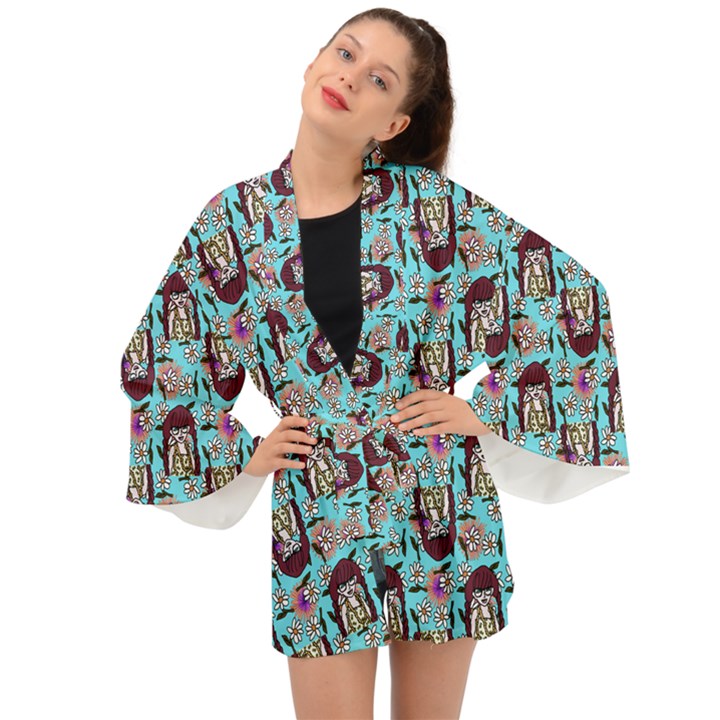 Braids Doll Daisies Blue Long Sleeve Kimono