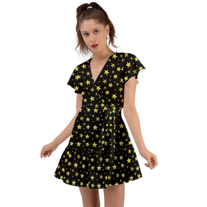 Yellow Stars Flutter Sleeve Wrap Dress