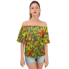 Colorful Brush Strokes Painting On A Green Background                                                   Off Shoulder Short Sleeve Top by LalyLauraFLM