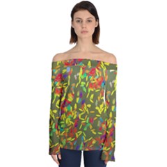 Colorful Brush Strokes Painting On A Green Background                                                 Off Shoulder Long Sleeve Top by LalyLauraFLM