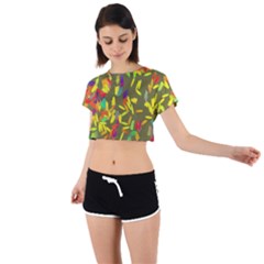 Colorful Brush Strokes Painting On A Green Background                                                    Tie Back Short Sleeve Crop Tee by LalyLauraFLM