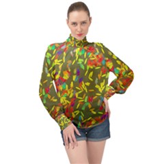 Colorful Brush Strokes Painting On A Green Background                                                  High Neck Long Sleeve Chiffon Top by LalyLauraFLM