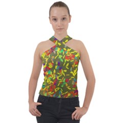 Colorful Brush Strokes Painting On A Green Background                                                    Cross Neck Velour Top by LalyLauraFLM