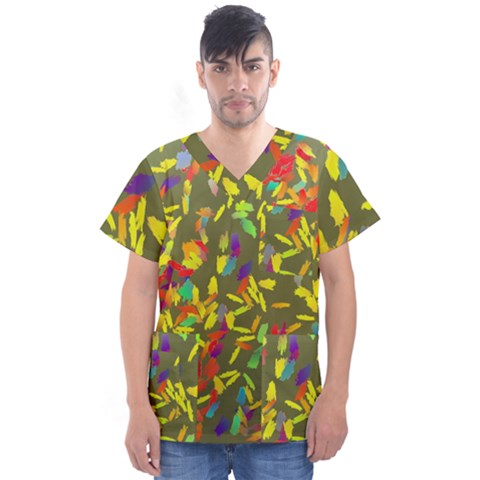 Colorful Brush Strokes Painting On A Green Background                                                     Men s V-neck Scrub Top by LalyLauraFLM