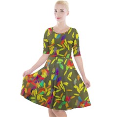 Colorful Brush Strokes Painting On A Green Background                                                       Quarter Sleeve A-line Dress by LalyLauraFLM