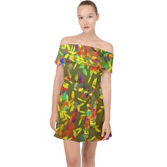 Colorful Brush Strokes Painting On A Green Background                                                  Off Shoulder Chiffon Dress by LalyLauraFLM