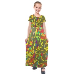 Colorful Brush Strokes Painting On A Green Background                                                  Kids  Short Sleeve Maxi Dress