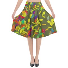 Colorful Brush Strokes Painting On A Green Background                                                 Flared Midi Skirt by LalyLauraFLM