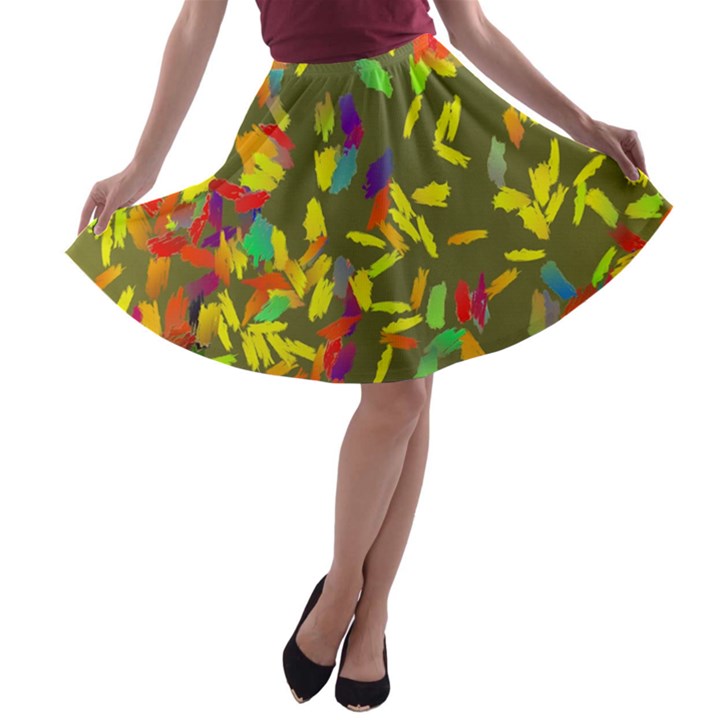 Colorful brush strokes painting on a green background                                                    A-line Skirt