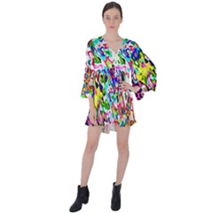 Colorful Paint Texture                                                      V-neck Flare Sleeve Mini Dress